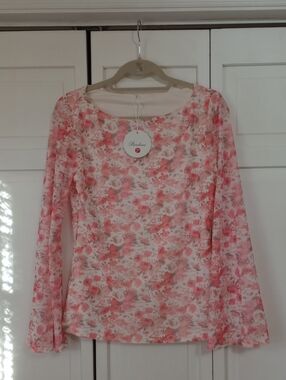 NWT Prinbara Floral Mesh Long Sleeve Top Size Large